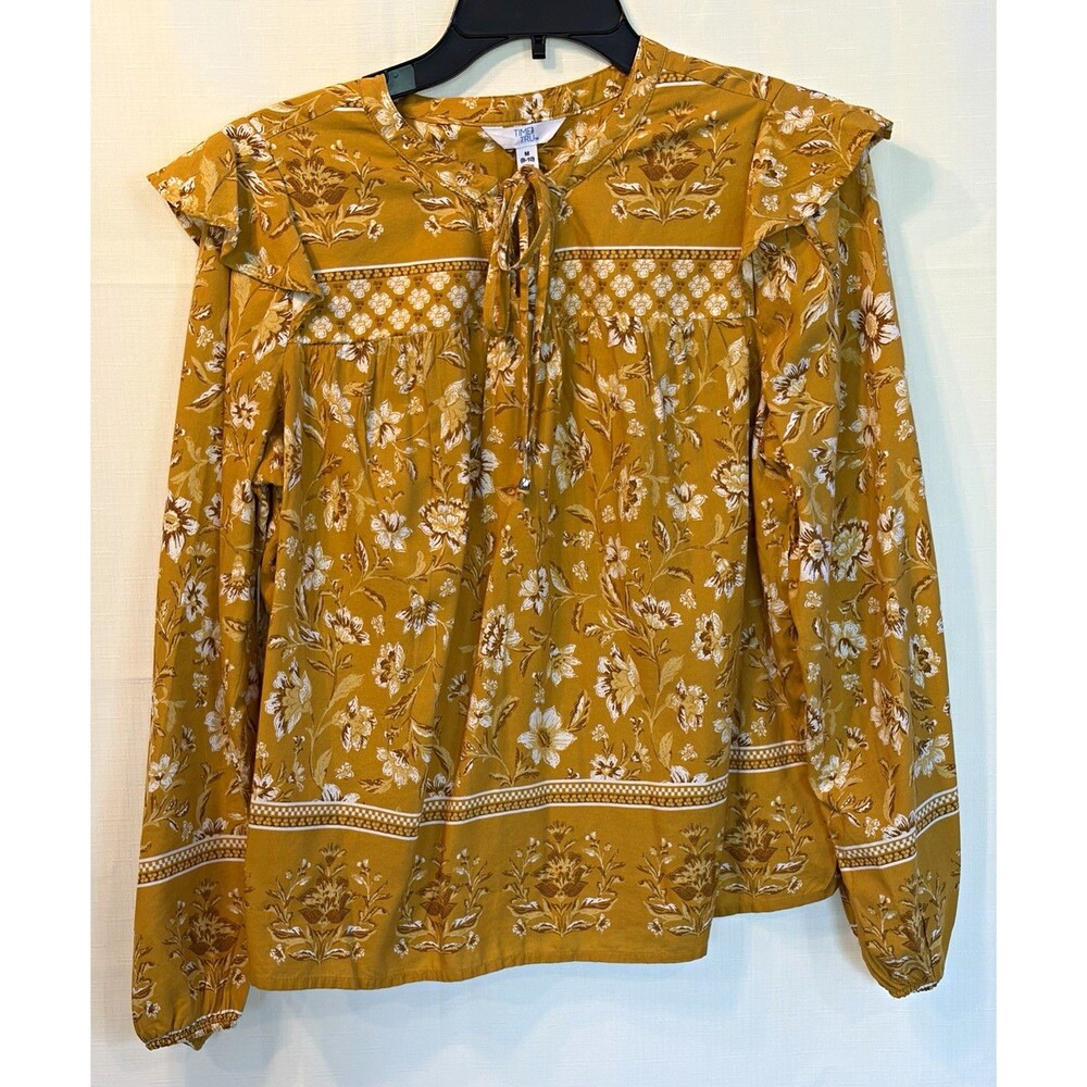 Time and Tru Girls Yellow & White Floral Long Sleeve Blouse Top, M (8-10)